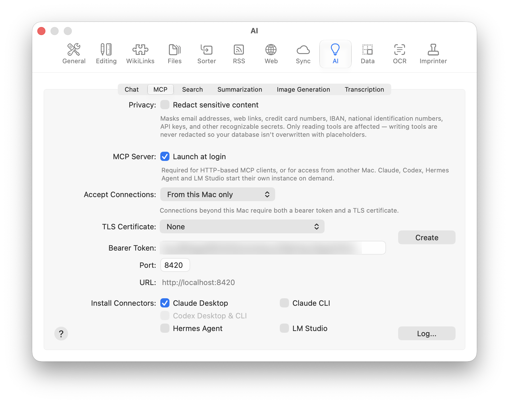 DEVONthink Settings showing the AI > MCP tab with the local URL, Port, and Bearer Token