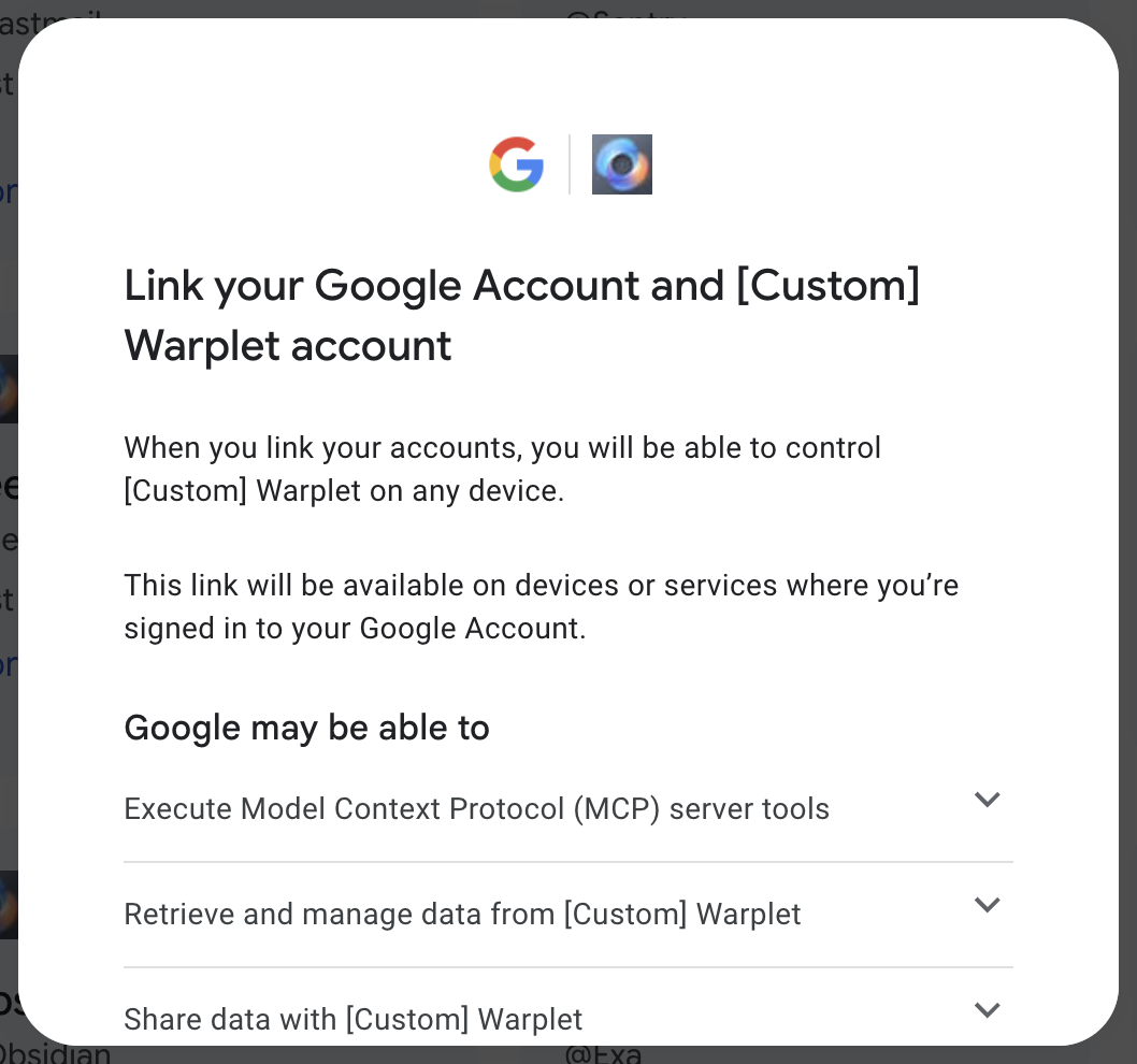 The Google Account linking dialog listing MCP server tool permissions