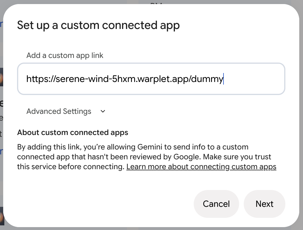 The custom connected app dialog with a Warplet URL pasted in