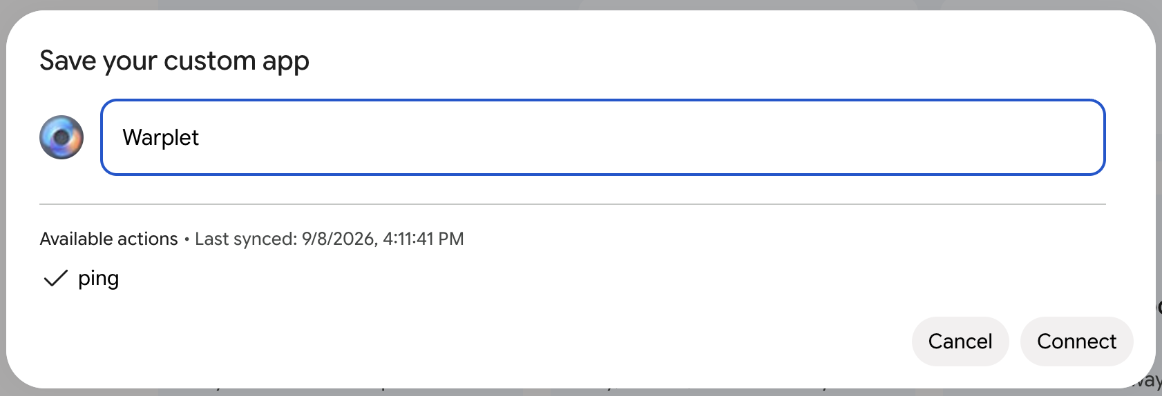 The Save your custom app dialog showing the name field and available actions