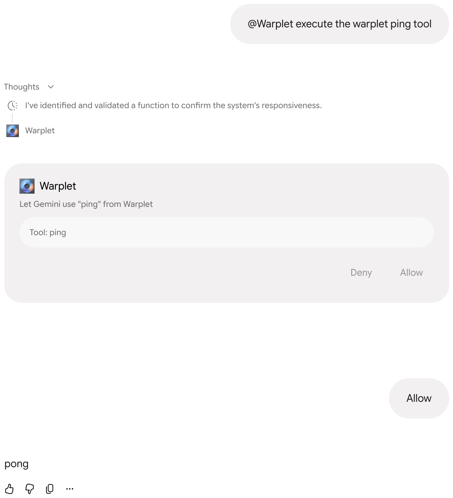 A Spark chat calling a tool through the connector, with the per-call Allow prompt