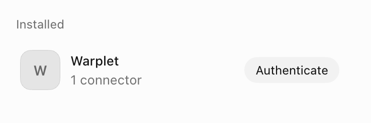 The installed connector in the plugin marketplace with an Authenticate button