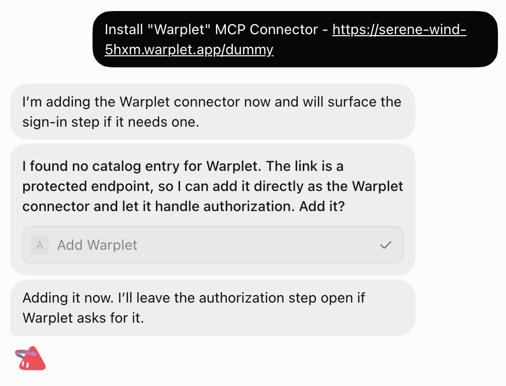 The bot handling an install request for a Warplet URL and offering to add it directly