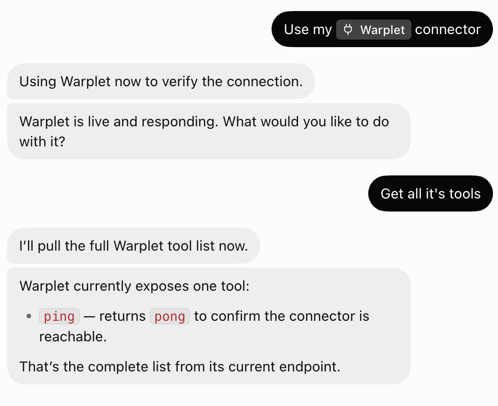 Asking the bot to use the connector and list its tools
