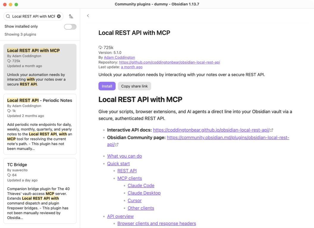 Obsidian's community plugin browser with Local REST API with MCP by Adam Coddington selected and the Install button visible