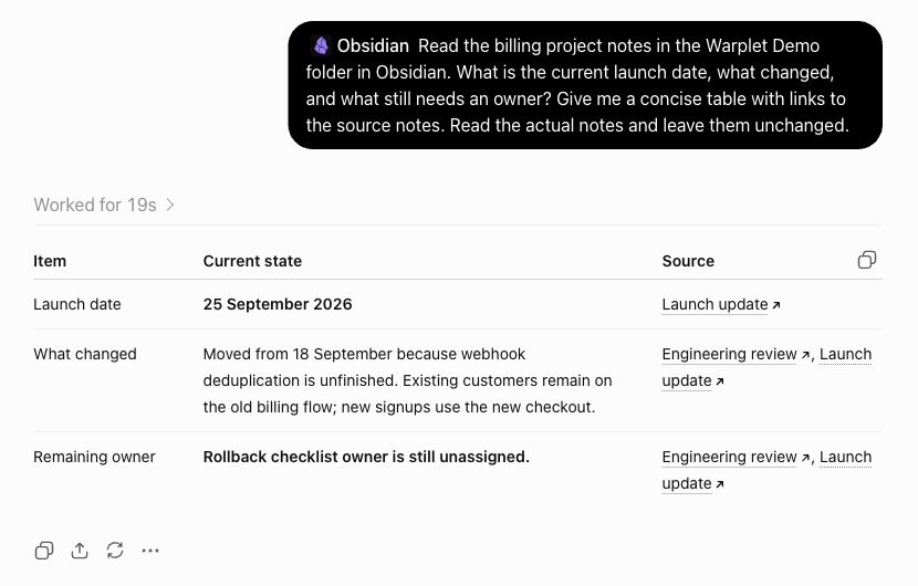 ChatGPT reads the Obsidian notes and identifies the September 25 launch date, the migration decision, and the unassigned rollback owner