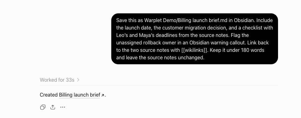 ChatGPT confirms it created Billing launch brief in the Obsidian vault
