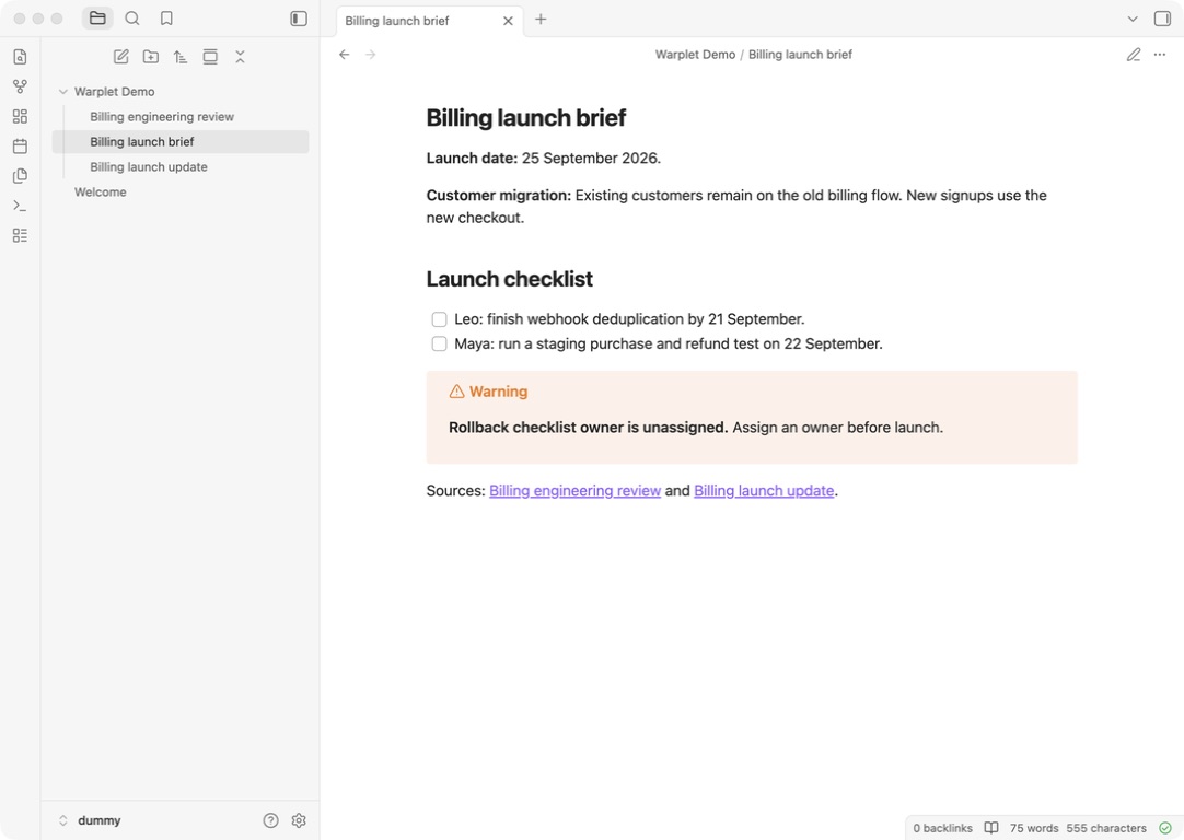 The launch brief created by ChatGPT in Obsidian, with task checkboxes, a rollback warning, and links to the original notes