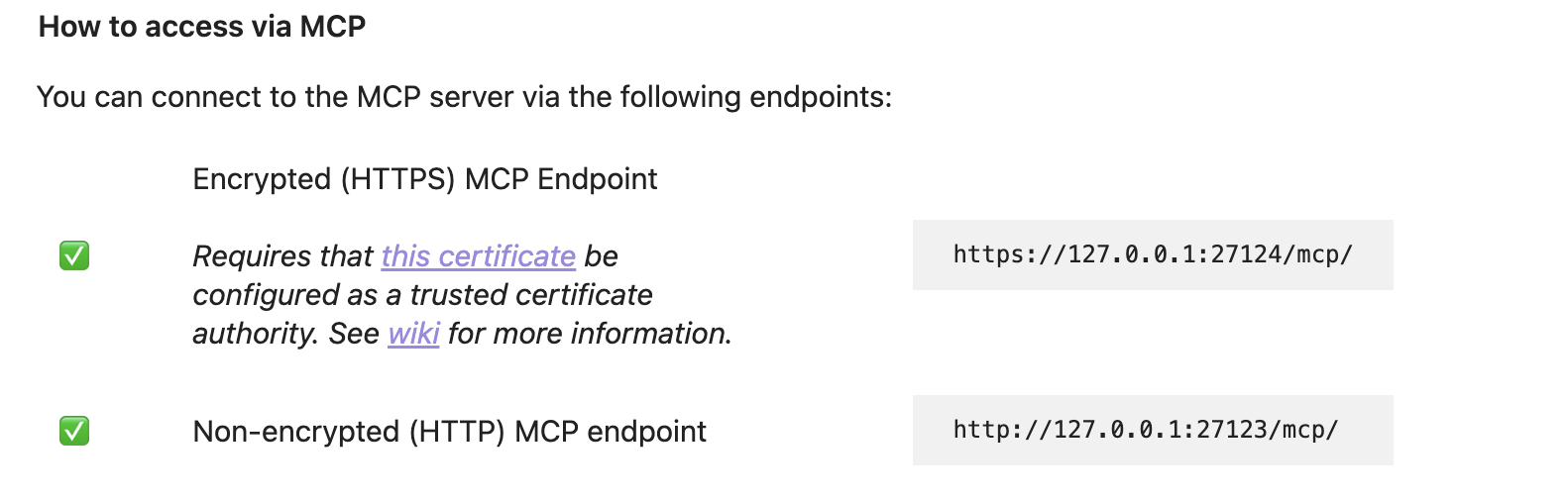 The Obsidian Local REST API with MCP plugin settings showing the MCP endpoint URLs
