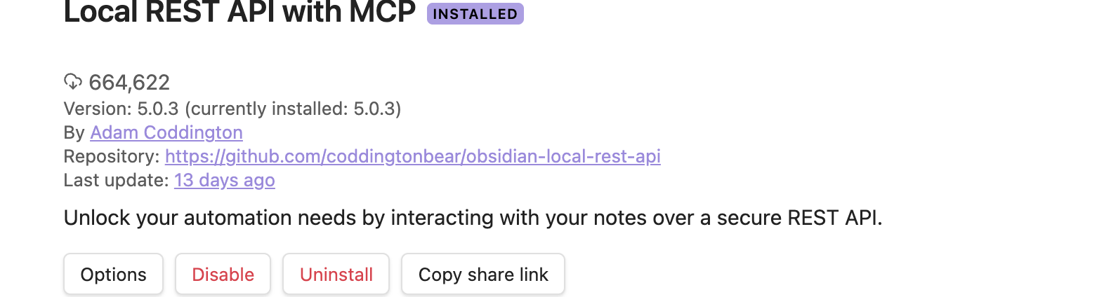 The Local REST API with MCP plugin listing in Obsidian's community plugin browser, showing the Install button