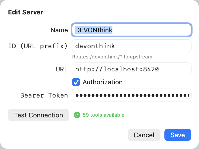The Warplet Add Server form filled in with the DEVONthink MCP URL, Bearer Token, and successful test connection