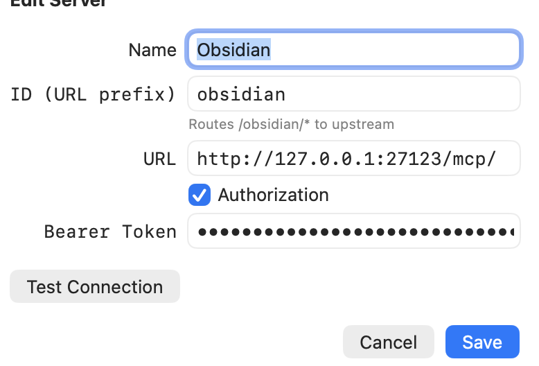 The Warplet Add Server form filled in with the Obsidian MCP URL and a Bearer Token under Authorization