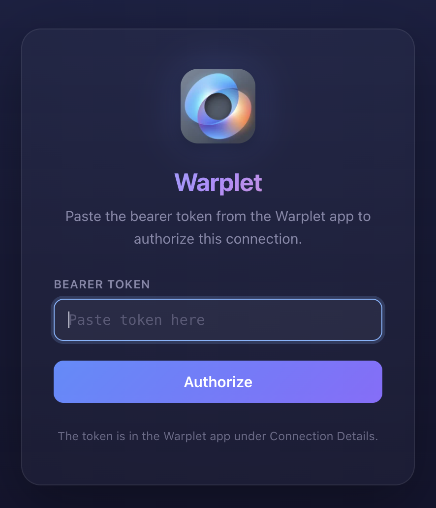 The Warplet authorization page asking for a bearer token
