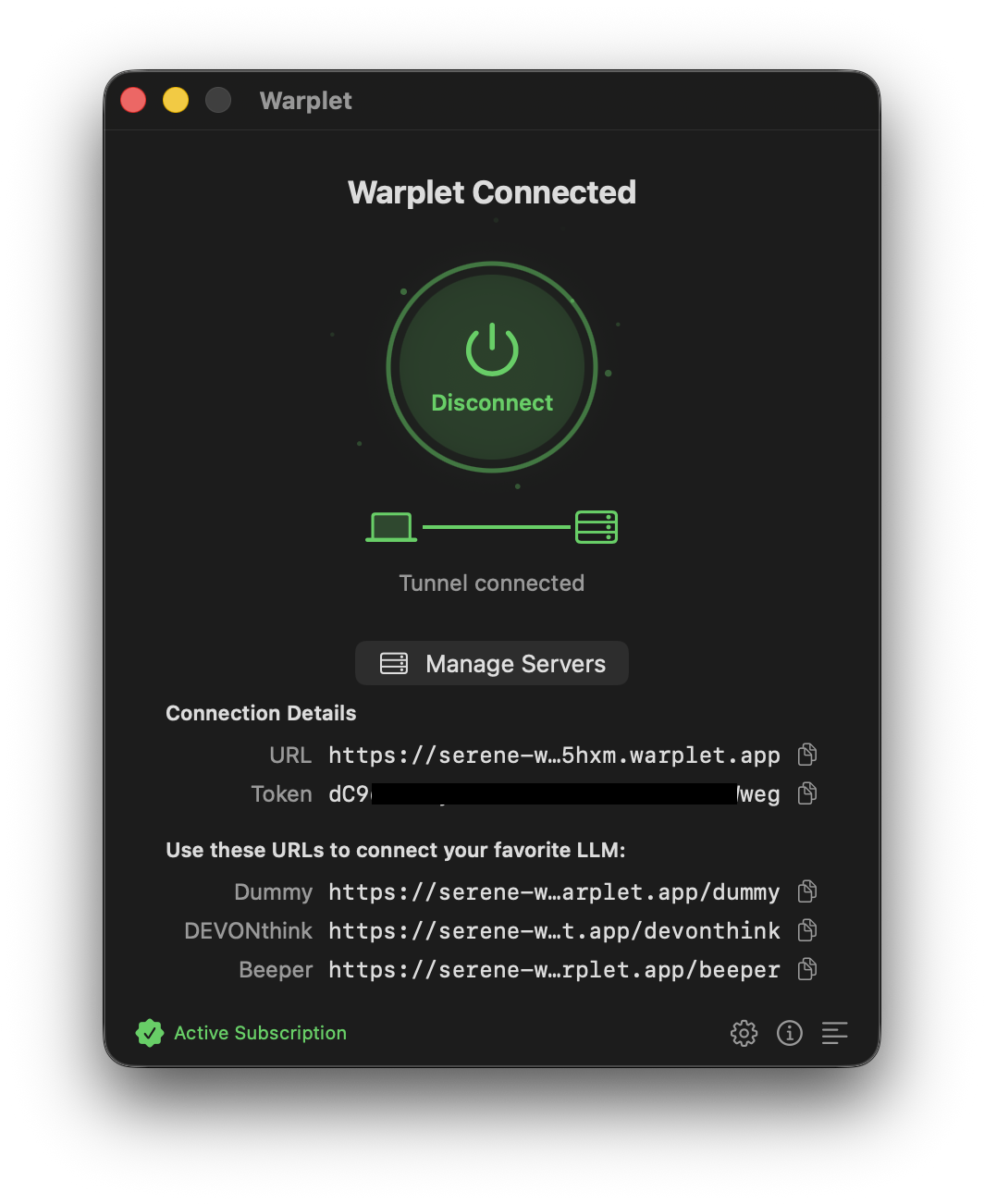 The Warplet app showing connection details and per-server URLs