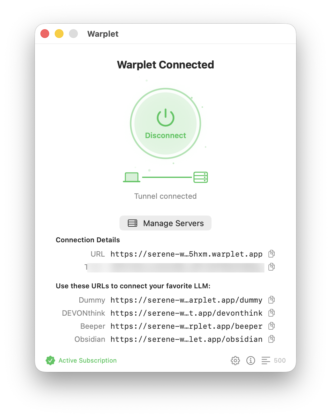 The Warplet connected panel listing per-server URLs, including DEVONthink