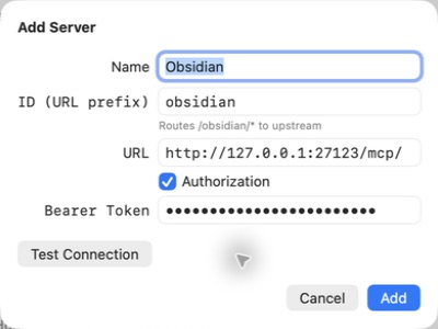 The complete Warplet Add Server form for Obsidian, with the local MCP URL, Authorization checked, a masked example token, and the Add button