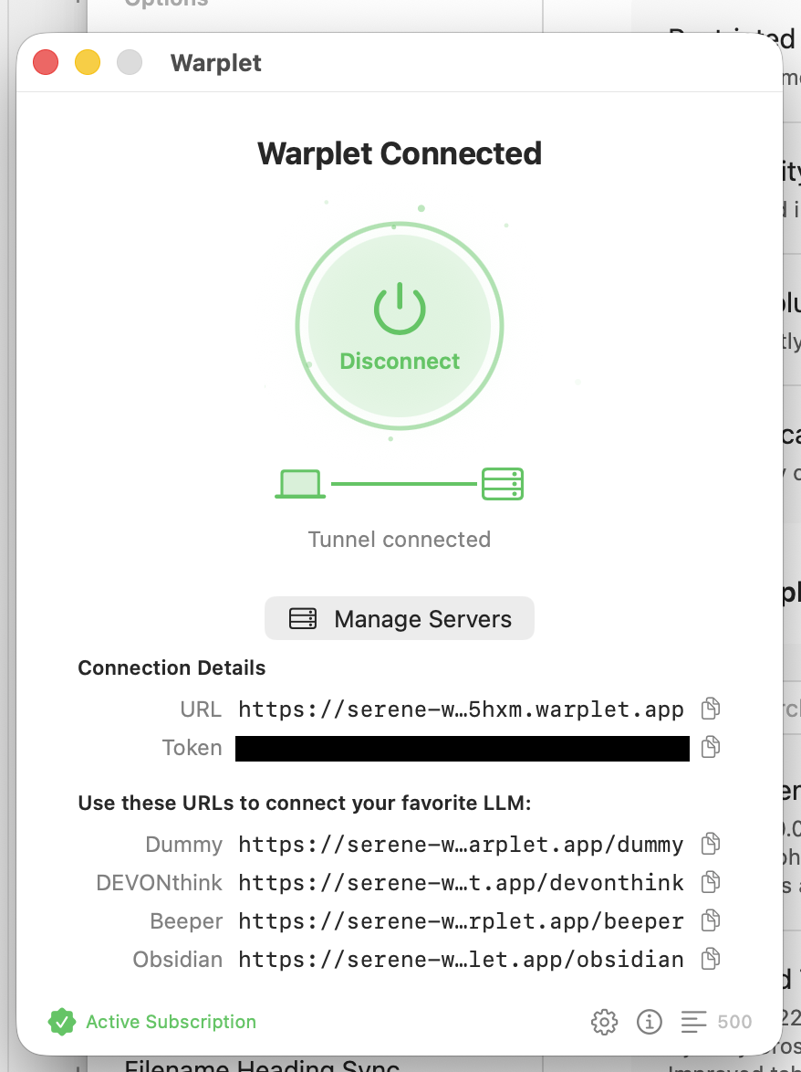 The Warplet connected panel listing per-server URLs, including a new Obsidian entry
